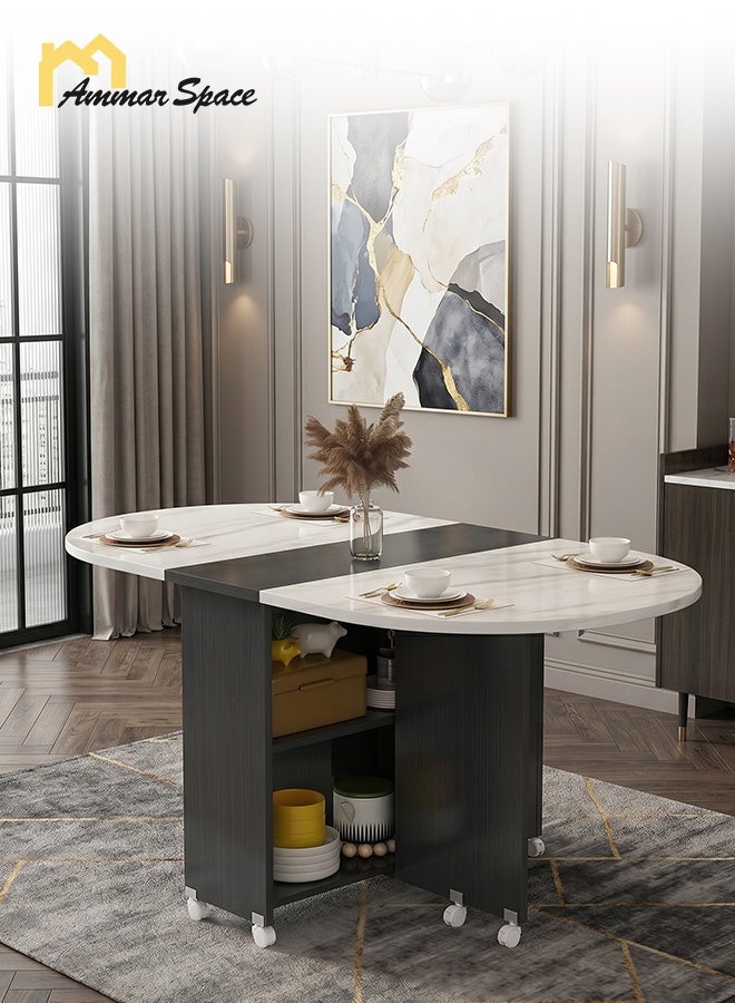 Ammar Space Folding Dining Table with Storage & Wheels, Extendable Drop Leaf Kitchen Table, Space Saving Wood & Metal Dining Table for Small Apartments, 120x60x77 cm - Image 3