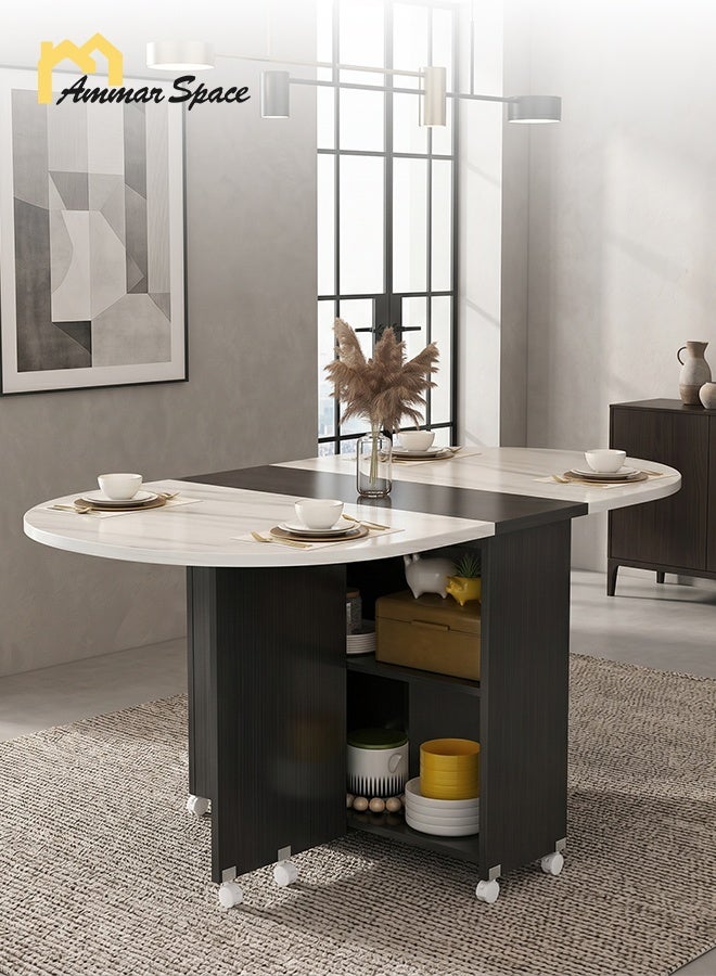 Ammar Space Folding Dining Table with Storage & Wheels, Extendable Drop Leaf Kitchen Table, Space Saving Wood & Metal Dining Table for Small Apartments, 120x60x77 cm - Image 2