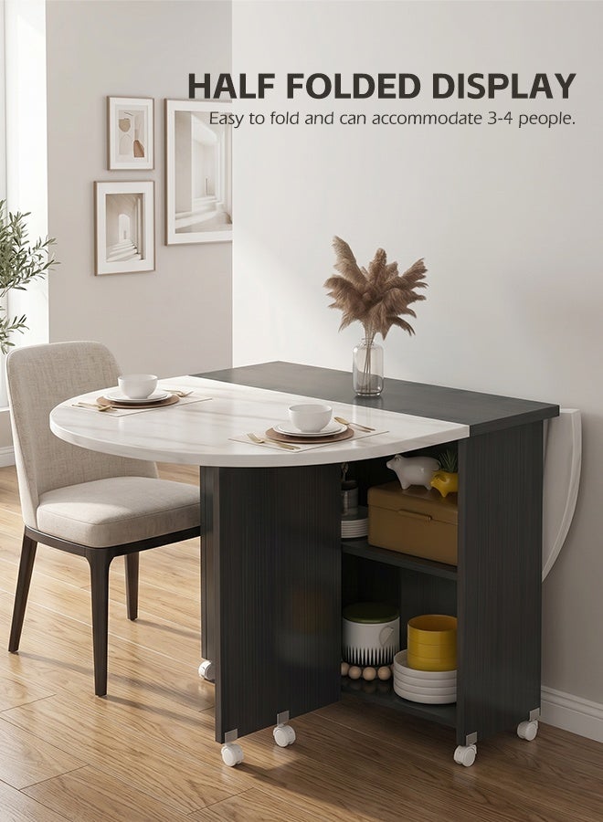 Ammar Space Folding Dining Table with Storage & Wheels, Extendable Drop Leaf Kitchen Table, Space Saving Wood & Metal Dining Table for Small Apartments, 120x60x77 cm - Image 4