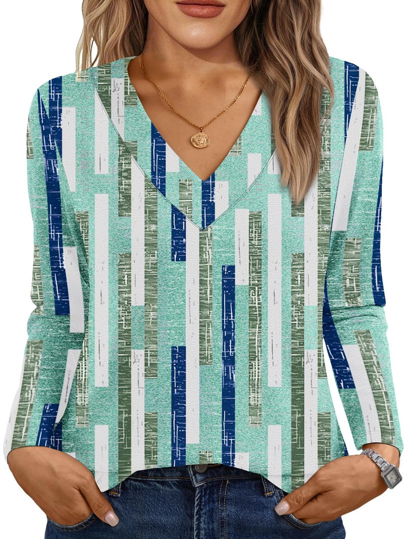 AUTOMET Long Sleeve Tops for Women Spring Outfits 2026 T Shirts V Neck Casual Top Comfortable Shirt Soft Basic Tees Women Blouses Blue-Striped M - Image 1