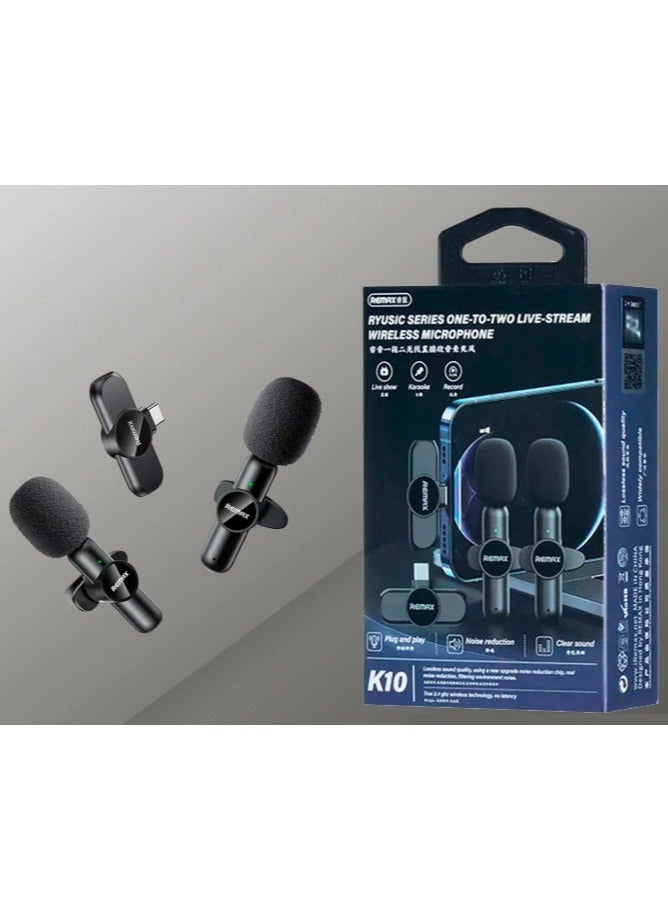 ريماكس ميكروفون لاسلكي مزدوج Remax K10 مع مستقبل Type-C، تقنية تقليل الضوضاء، تشغيل فوري Plug & Play، صوت نقي، تردد 2.4GHz بدون تأخير، مثالي للبث المباشر، تسجيل الفيديو، الكاريوكي ومدونات الفيديو، متوافق مع أجهزة أندرويد - Image 1
