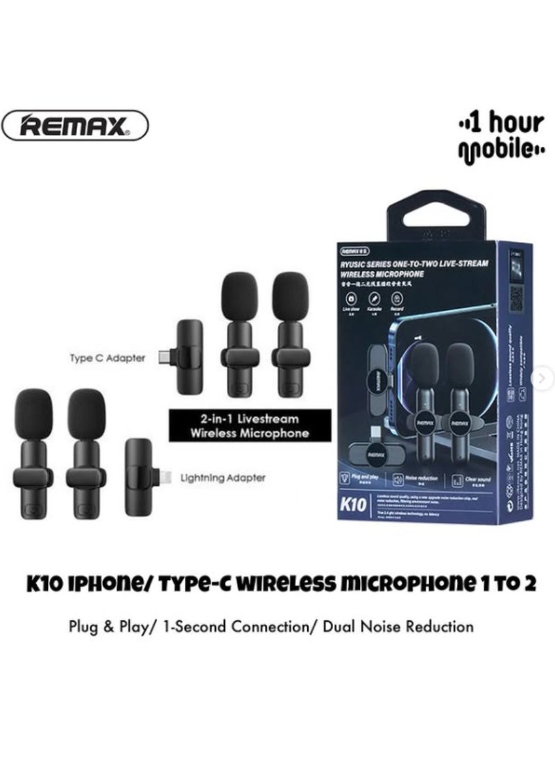ريماكس ميكروفون لاسلكي مزدوج Remax K10 مع مستقبل Type-C، تقنية تقليل الضوضاء، تشغيل فوري Plug & Play، صوت نقي، تردد 2.4GHz بدون تأخير، مثالي للبث المباشر، تسجيل الفيديو، الكاريوكي ومدونات الفيديو، متوافق مع أجهزة أندرويد - Image 5