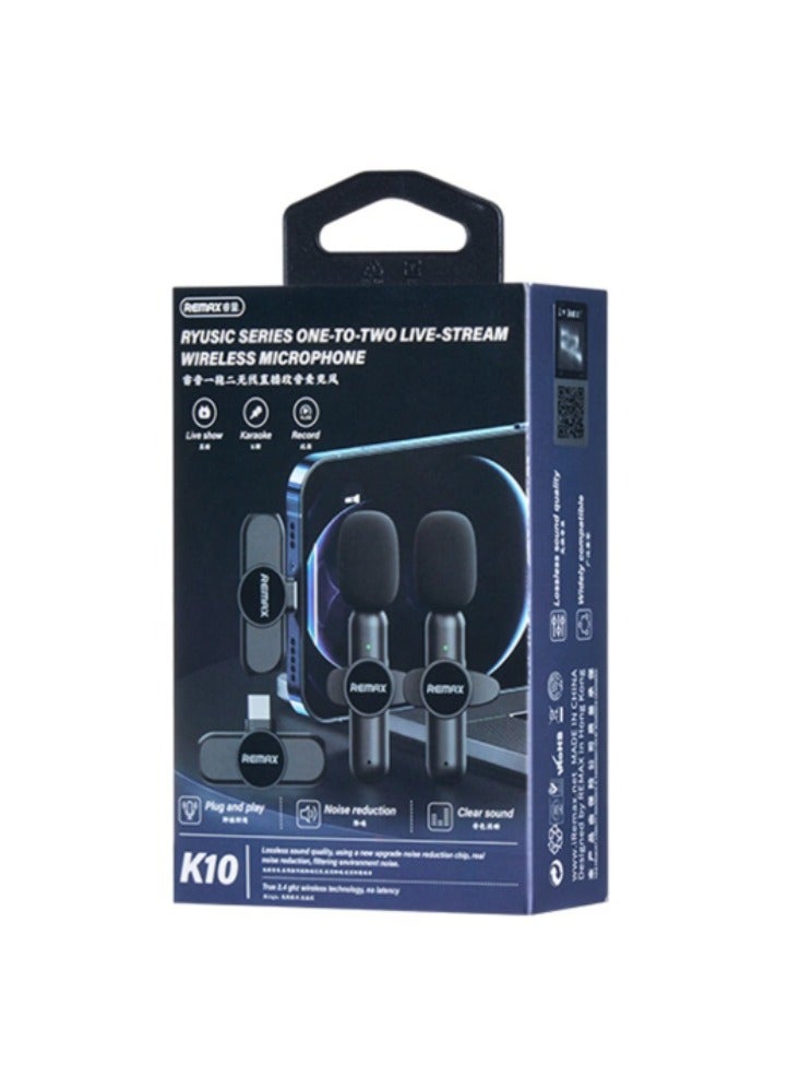 ريماكس ميكروفون لاسلكي مزدوج Remax K10 مع مستقبل Type-C، تقنية تقليل الضوضاء، تشغيل فوري Plug & Play، صوت نقي، تردد 2.4GHz بدون تأخير، مثالي للبث المباشر، تسجيل الفيديو، الكاريوكي ومدونات الفيديو، متوافق مع أجهزة أندرويد - Image 2