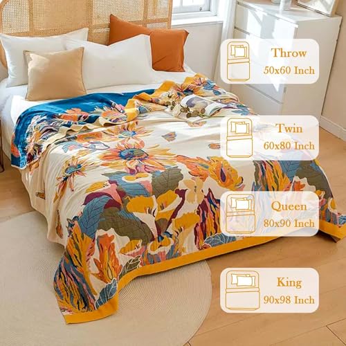 XIBLC Boho Throw Blanket, 100% Cotton Ultra Soft Luxury Throw Rustic Quilt, 50"x60" Floral Bird Butterfly Farmhouse Decor Bed Blankets, All Season Rustic Reversible Bohemian Throw for Bed - Yellow - Image 3