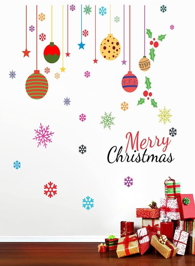 BYTE SHOP متجر بايت، عيد ميلاد سعيد مع مصباح معلق جميل، ملصق حائط ذاتي اللصق من الفينيل PVC على شكل ندفة ثلجية (الحجم المثالي على الحائط: 44 سم × 64 سم، متعدد الألوان) - Image 2