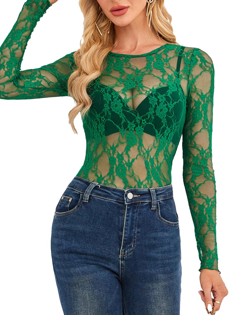 OFEEFAN Plus Size Lace Tops for Women Crewneck Sheer Tops Mesh Lace Long Sleeve Shirts Green 3XL - Image 3