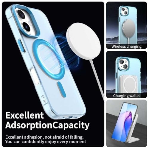 Elzzi Translucent Matte Back Cover for iPhone 16 Case, Shockproof Anti-Fingerprint Phone Cover with Magnetic Wireless Charging, MagSafe Compatible Protective Case for Men & Women (Blue) - Image 2