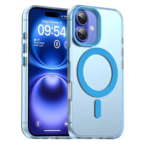 Elzzi Translucent Matte Back Cover for iPhone 16 Case, Shockproof Anti-Fingerprint Phone Cover with Magnetic Wireless Charging, MagSafe Compatible Protective Case for Men & Women (Blue) - Image 1