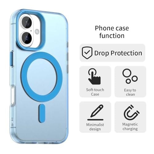 Elzzi Translucent Matte Back Cover for iPhone 16 Case, Shockproof Anti-Fingerprint Phone Cover with Magnetic Wireless Charging, MagSafe Compatible Protective Case for Men & Women (Blue) - Image 3