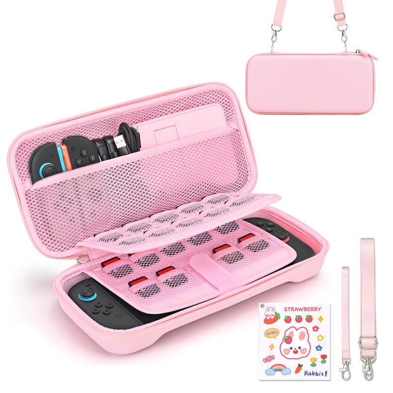 Younik Switch 2 Case Compatible with NS Switch 2 (2025), Carrying Case with 19 Game Card Slots, 4 in 1 Switch 2 Accessories Includes Shoulder Strap, Wrist Strap & Stickers (Pink) - Image 1