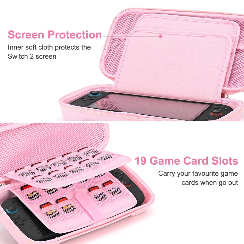 Younik Switch 2 Case Compatible with NS Switch 2 (2025), Carrying Case with 19 Game Card Slots, 4 in 1 Switch 2 Accessories Includes Shoulder Strap, Wrist Strap & Stickers (Pink) - Image 3