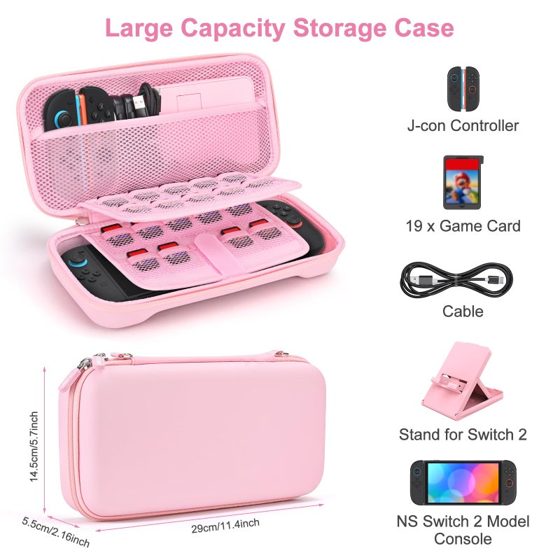 Younik Switch 2 Case Compatible with NS Switch 2 (2025), Carrying Case with 19 Game Card Slots, 4 in 1 Switch 2 Accessories Includes Shoulder Strap, Wrist Strap & Stickers (Pink) - Image 2