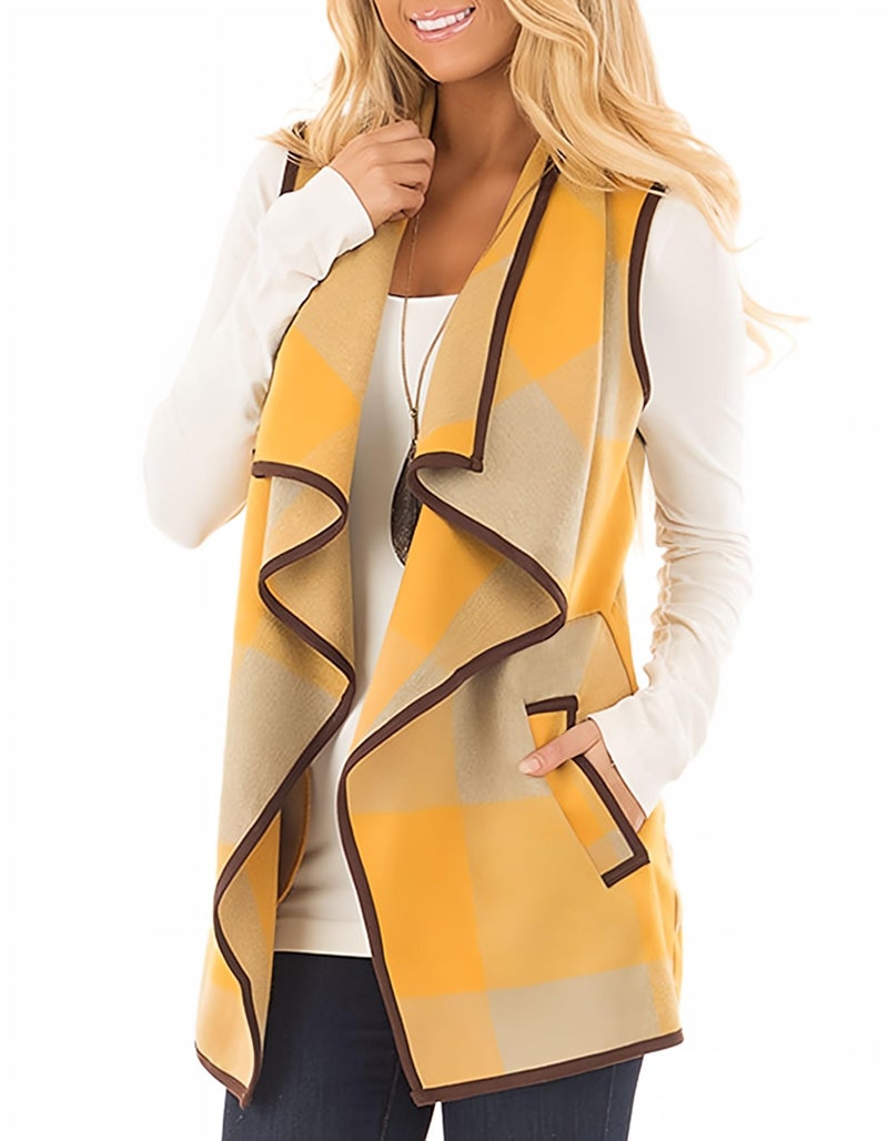Unidear Womens Turn Down Collar Casual Slash Hem Plaid Open Front Cardigan Vest with Pockets Yellow S - Image 2