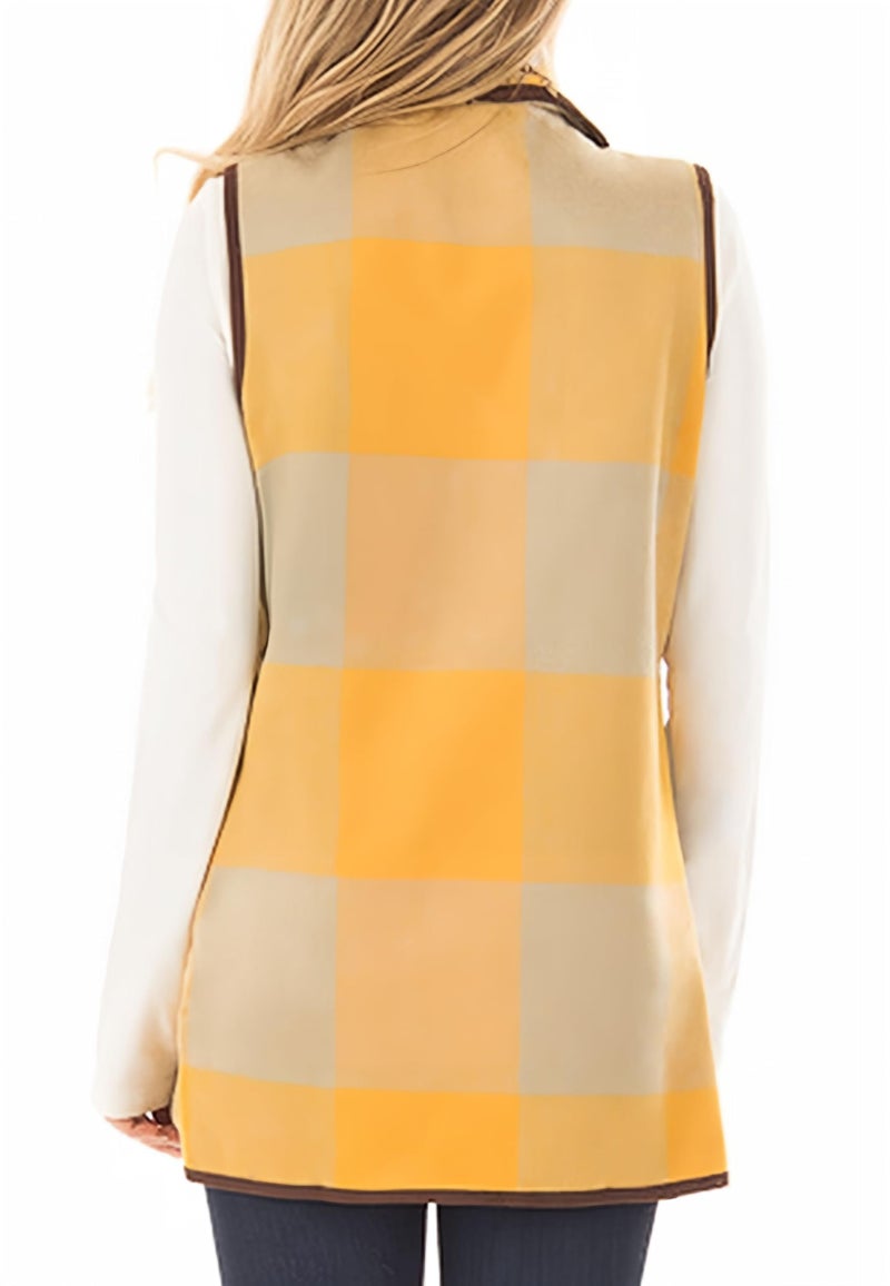 Unidear Womens Turn Down Collar Casual Slash Hem Plaid Open Front Cardigan Vest with Pockets Yellow S - Image 4