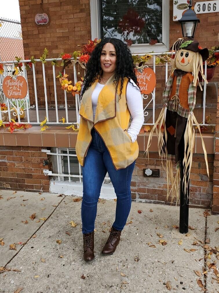 Unidear Womens Turn Down Collar Casual Slash Hem Plaid Open Front Cardigan Vest with Pockets Yellow S - Image 5