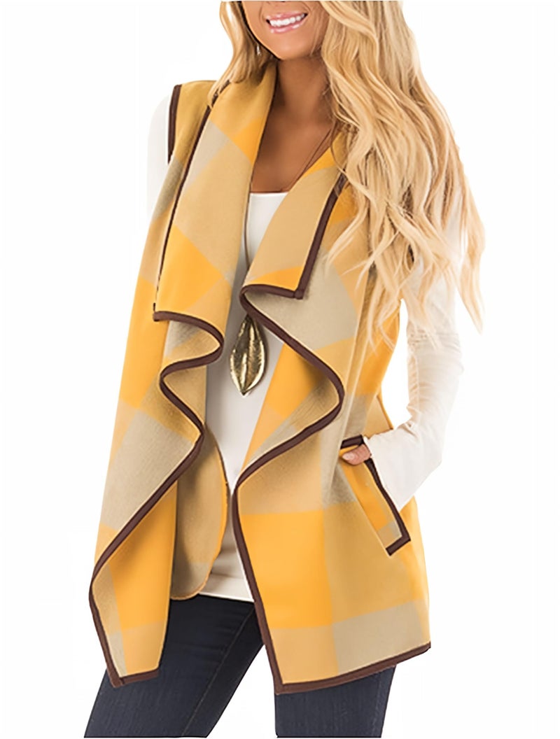 Unidear Womens Turn Down Collar Casual Slash Hem Plaid Open Front Cardigan Vest with Pockets Yellow S - Image 1