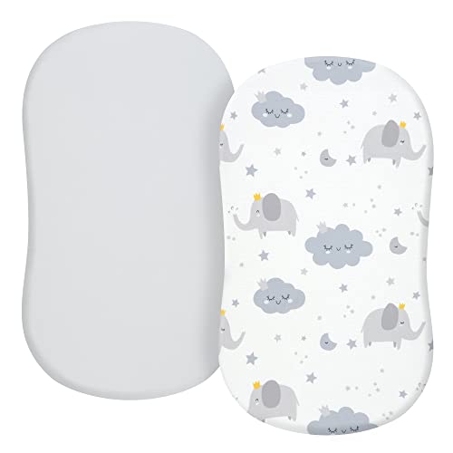 TILLYOU Baby Bassinet Sheets for Girls Boys Fit for Hourglass Oval Rectangle Bassinet Mattress Sheets 33X16 2 Pack Elephant Cloud Gray