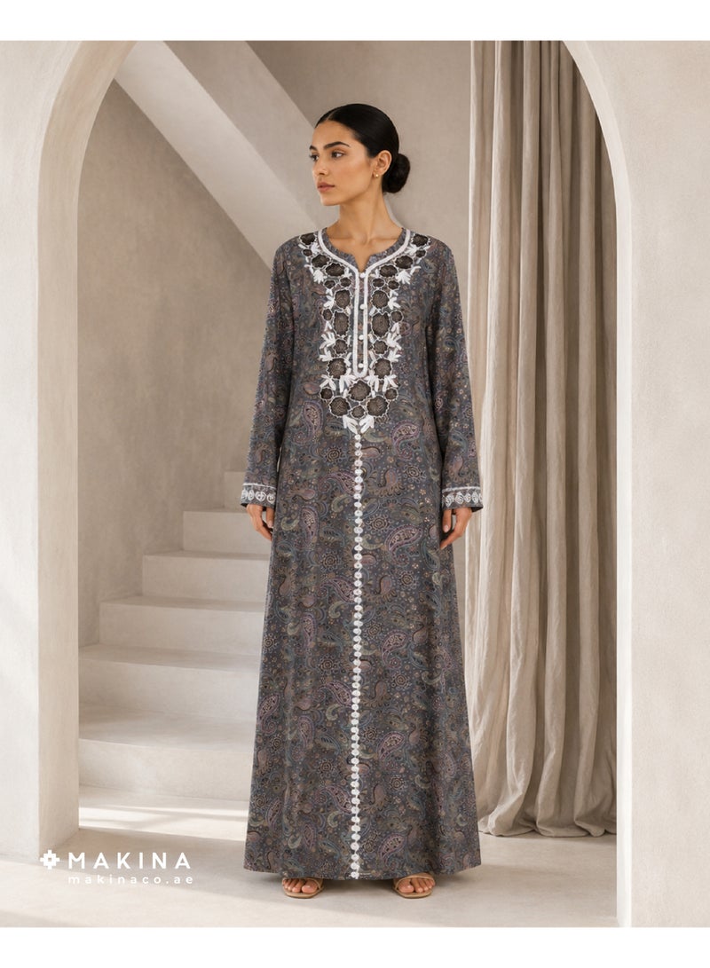 MAKINA Women Cotton Abaya Style with Handmade Brim Embroidery and Moroccan Buttons - Image 1