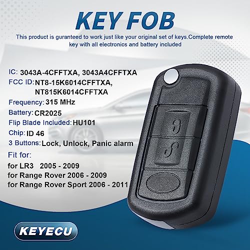 Keyecu Replacement Flip Remote Car Key Fob 315MHz PCF7941 for LR3 Range Rover Sport 2005-2011 FCC ID:NT8-15K6014CFFTXA - Image 2