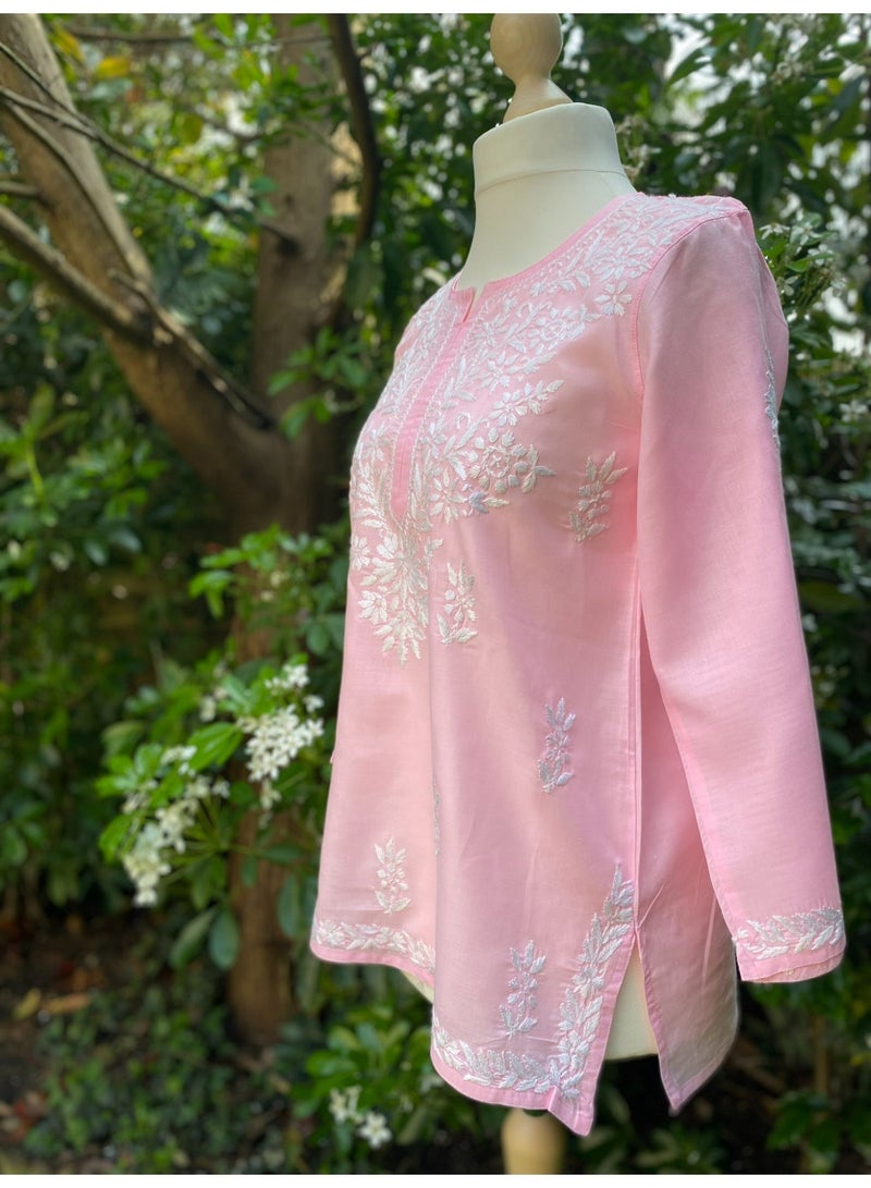 Pink Hand Embroidered Chikankari Pure Cotton Tunic Kurti - Image 3