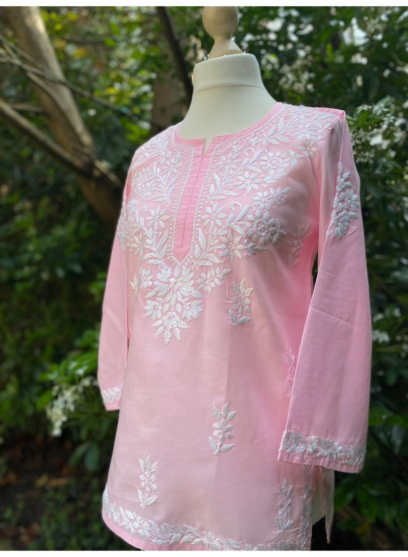 Pink Hand Embroidered Chikankari Pure Cotton Tunic Kurti - Image 1