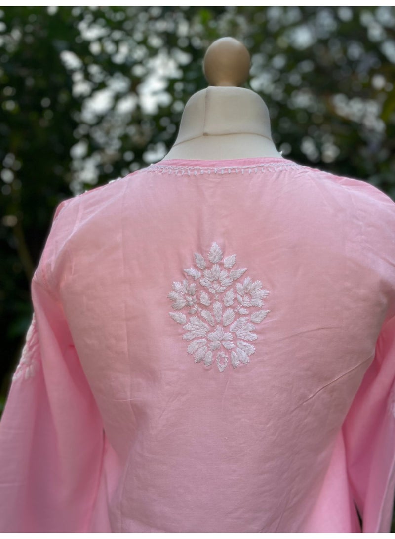 Pink Hand Embroidered Chikankari Pure Cotton Tunic Kurti - Image 2