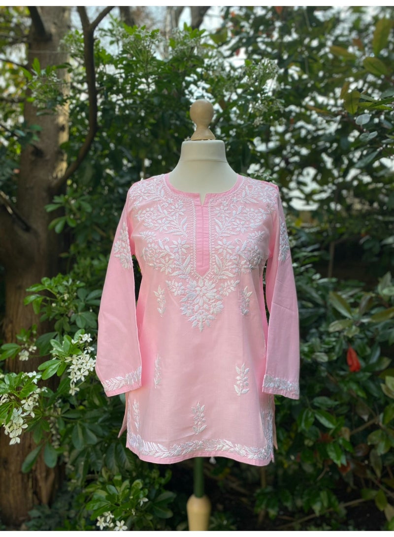 Pink Hand Embroidered Chikankari Pure Cotton Tunic Kurti - Image 4