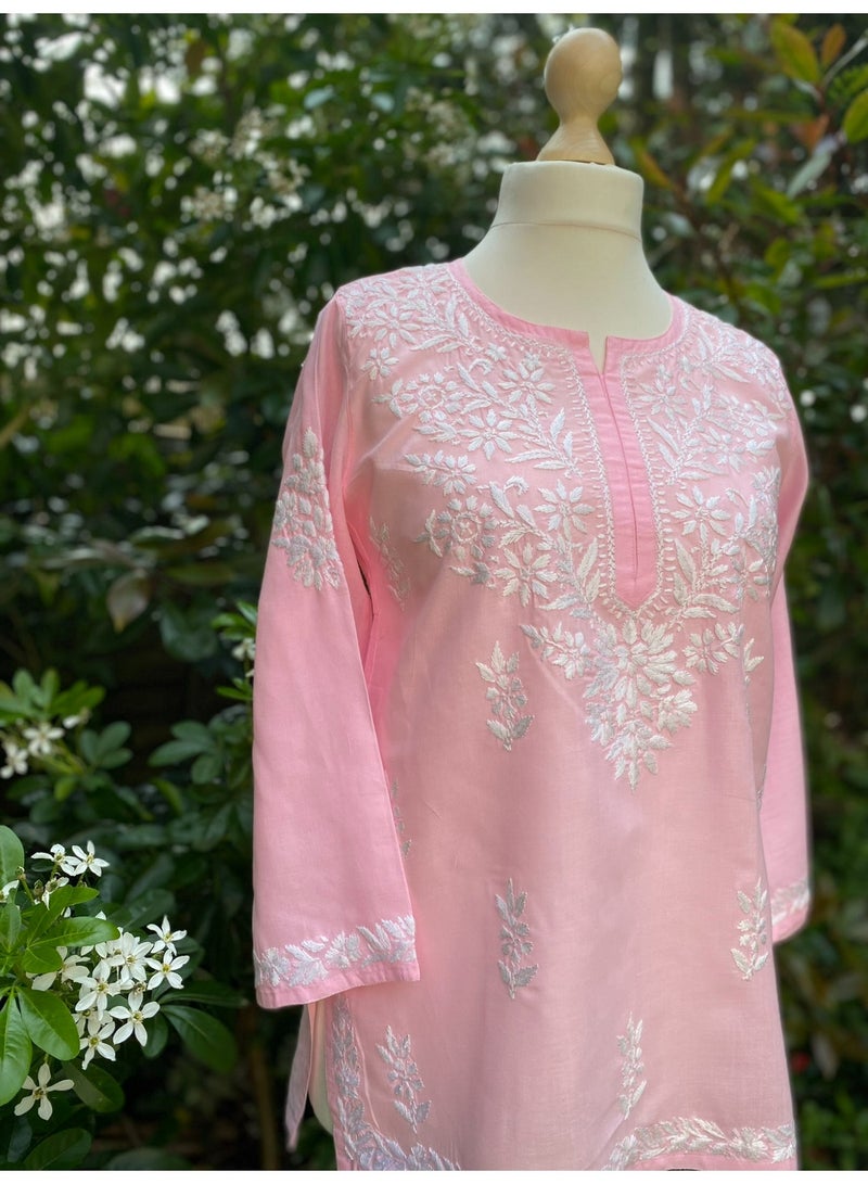 Pink Hand Embroidered Chikankari Pure Cotton Tunic Kurti - Image 5