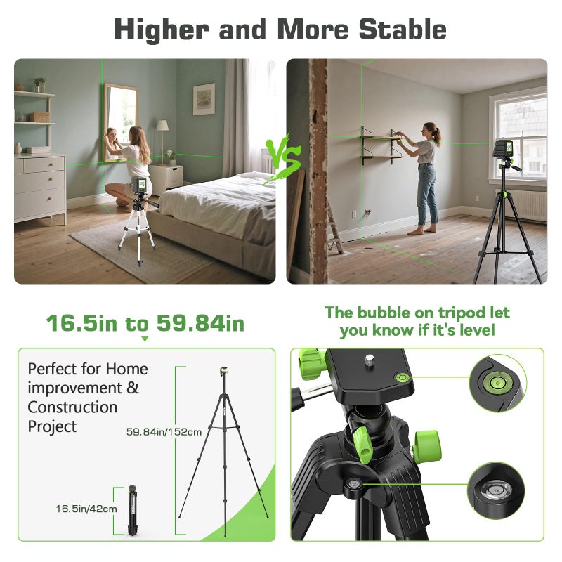 Huepar Laser Level with 60in Tripod, Huepar 150Â°/150Ft Self Leveling Lazer Leveler Tool with Pulse Mode (197Ft), Switchable Green Cross Line for Picture Hanging, Tile, DIY/Construction Project - Image 2