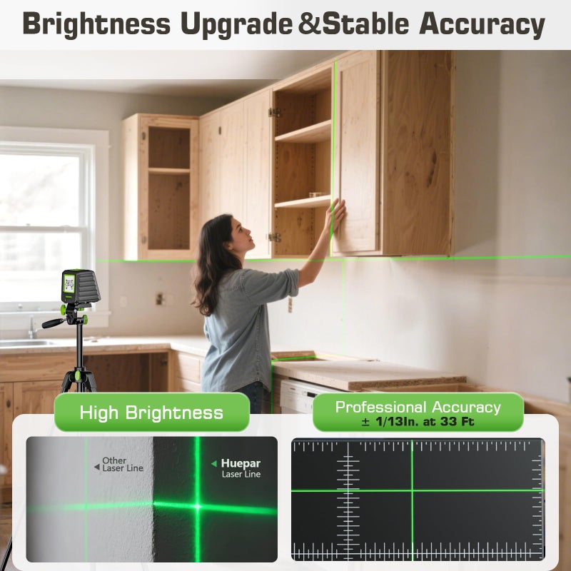 Huepar Laser Level with 60in Tripod, Huepar 150Â°/150Ft Self Leveling Lazer Leveler Tool with Pulse Mode (197Ft), Switchable Green Cross Line for Picture Hanging, Tile, DIY/Construction Project - Image 5