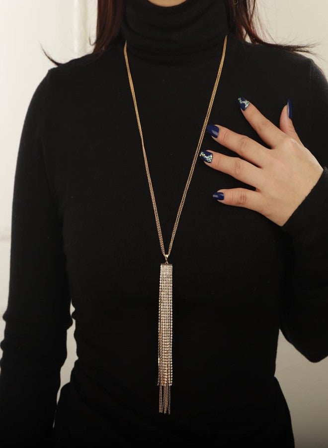 Sither Crystal Tassel Necklace for Women Long Sweater Chain Y Necklace Wedding Dressy Necklace Gold Jewelry for Winter Evening Party Christmas Gift - Image 4
