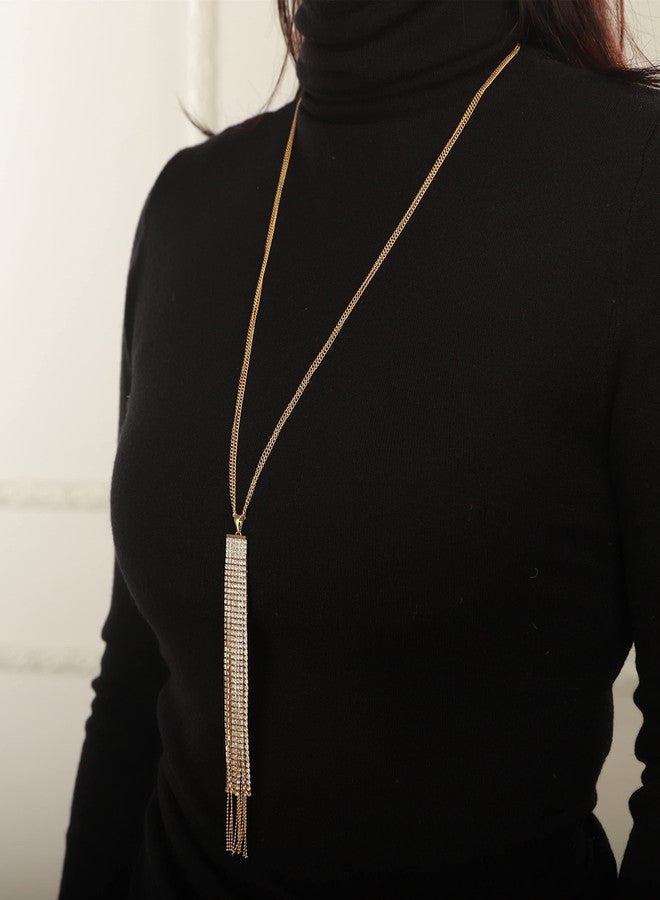 Sither Crystal Tassel Necklace for Women Long Sweater Chain Y Necklace Wedding Dressy Necklace Gold Jewelry for Winter Evening Party Christmas Gift - Image 2