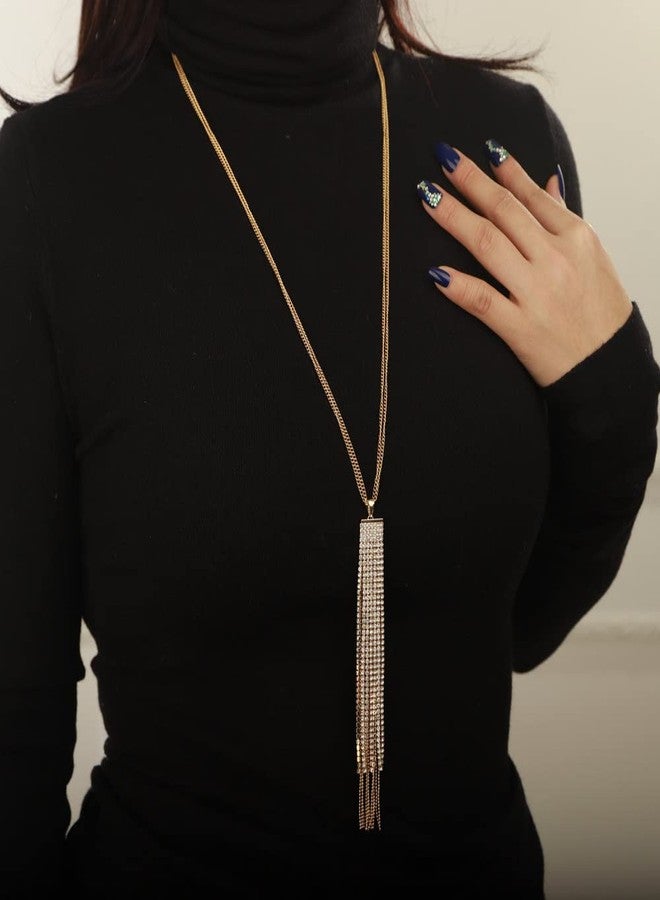 Sither Crystal Tassel Necklace for Women Long Sweater Chain Y Necklace Wedding Dressy Necklace Gold Jewelry for Winter Evening Party Christmas Gift - Image 3