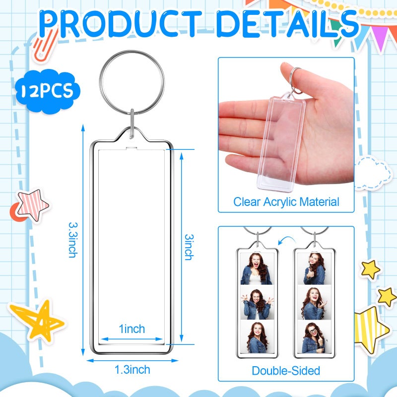 MTLEE 12 Pcs Mini Photo Strip Keychain Frame 1 x 3 Inch Acrylic Photo Booth Keychain Double Sided Picture Keyring Holder Blank DIY Personalized Custom Gift for Wedding Graduation Travel Memory - Image 3