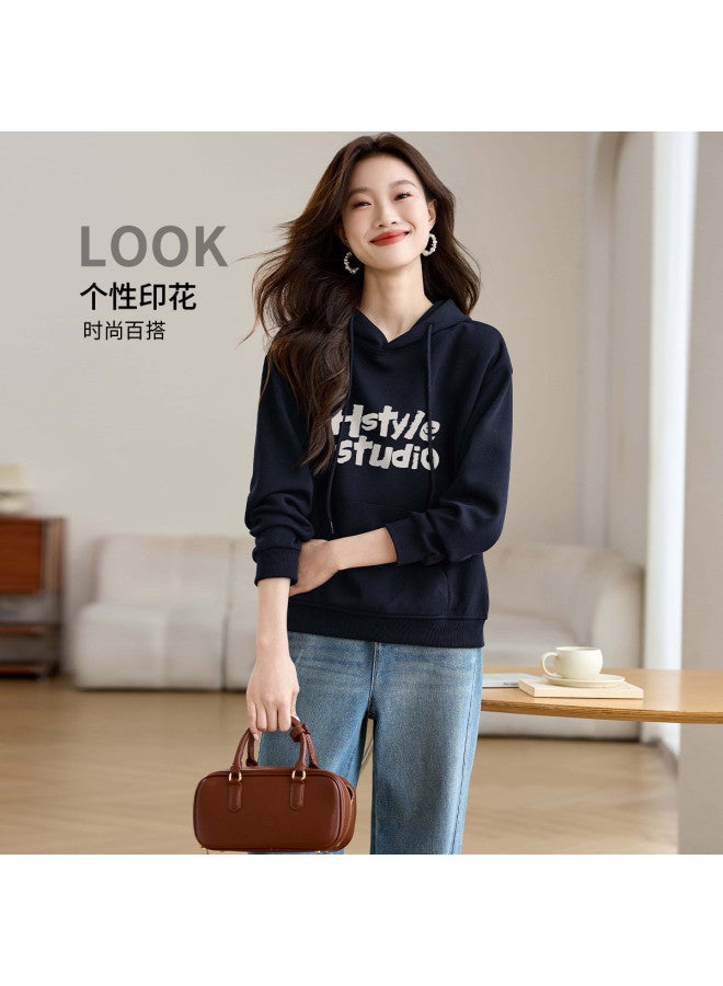 Hstyle Hooded Drawstring 2025 Spring Long-sleeve Sweatshirt Printed Design Casual Women's Pullover Spring Top - Image 2