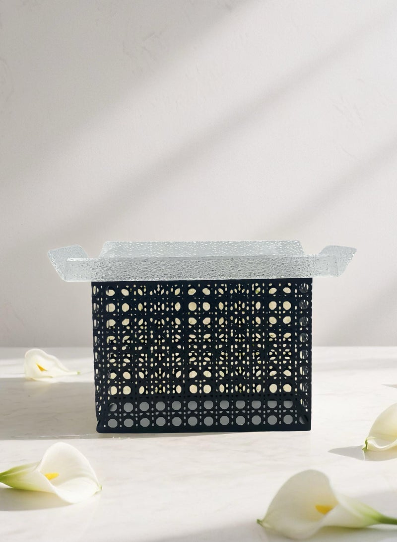 Raz Large/Black Acrylic Decorative Tray with Rattan-Inspired Caning Base - Display Stand with Metal Frame  - Image 2