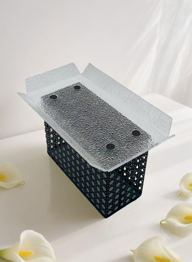 Raz Large/Black Acrylic Decorative Tray with Rattan-Inspired Caning Base - Display Stand with Metal Frame  - Image 3