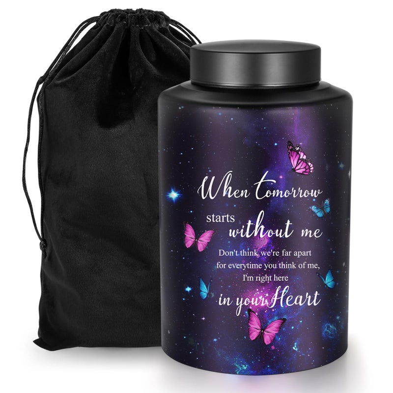 Abooxiu 10 Inches Cremation Urns for Human Ashes Keepsakes Urns Purple Butterfly Urn for Human Ashes Decorative Urns for Adult Male Memorial Stainless Steel Funeral Burial Um - Up to 200 lbs - Image 1