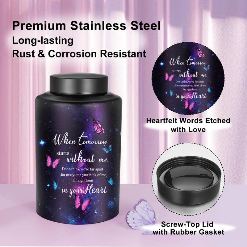 Abooxiu 10 Inches Cremation Urns for Human Ashes Keepsakes Urns Purple Butterfly Urn for Human Ashes Decorative Urns for Adult Male Memorial Stainless Steel Funeral Burial Um - Up to 200 lbs - Image 3