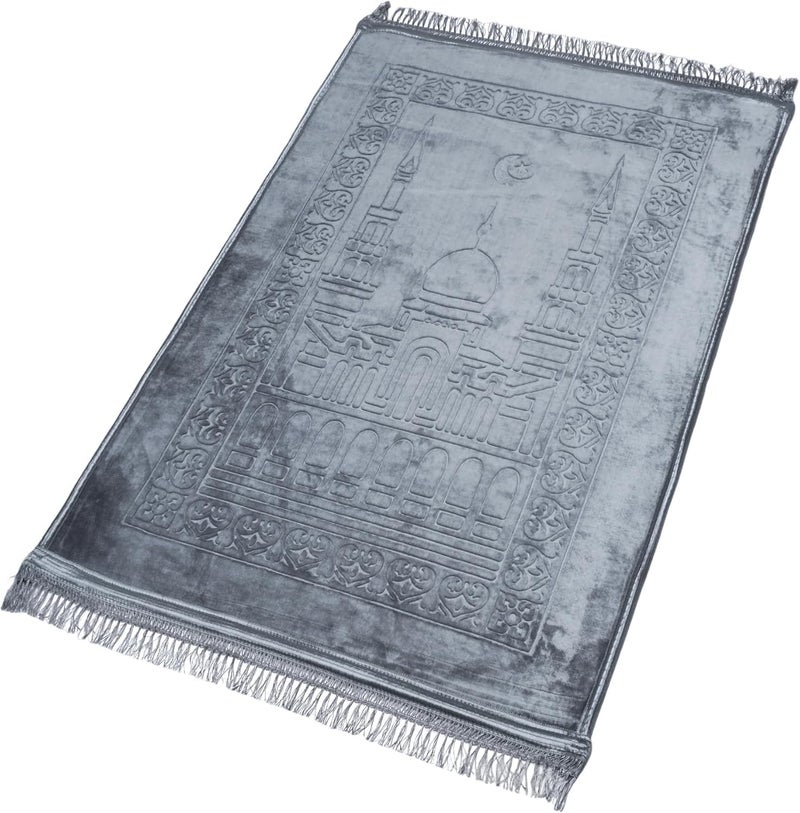 MARK STORE Prayer Mat Embossed Anti-Slip Velvet Top Prayer Rug for Umrah Hajj Ramadan 80 x 120 cm, Best Gift For Ramadan (Grey) - Image 1
