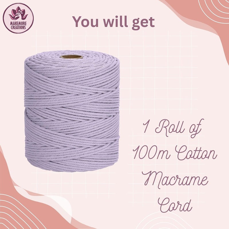 Makemore Creations Macrame Cotton Cord - Colored 3mm Dori,100m Length Soft Cotton Rope for Wall Hanging, Plant Hanger, Macrame Coasters, Weaving, Dream Catchers & DIY Craft Projects (Light Purple) - Image 2