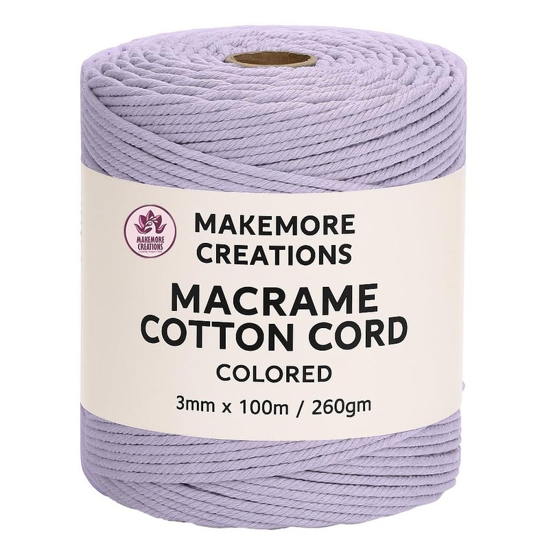 Makemore Creations Macrame Cotton Cord - Colored 3mm Dori,100m Length Soft Cotton Rope for Wall Hanging, Plant Hanger, Macrame Coasters, Weaving, Dream Catchers & DIY Craft Projects (Light Purple) - Image 1
