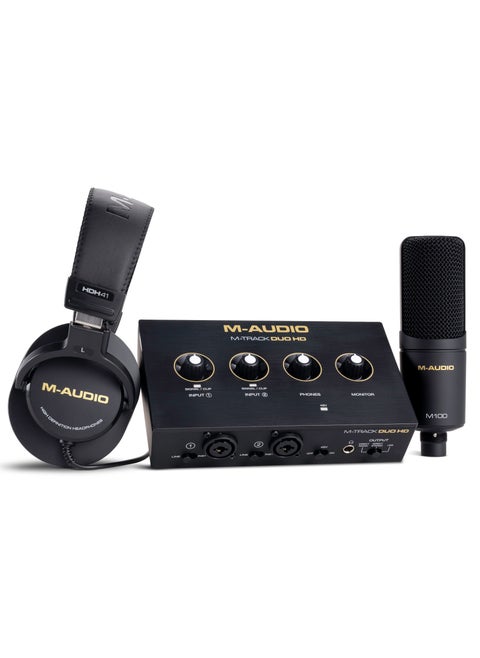 M-AUDIO M-Track Duo HD Audio Interface, M100 Condenser Microphone and HDH41 Studio Monitoring Headphones for Recording, Producers, Content Creators and Podcasters