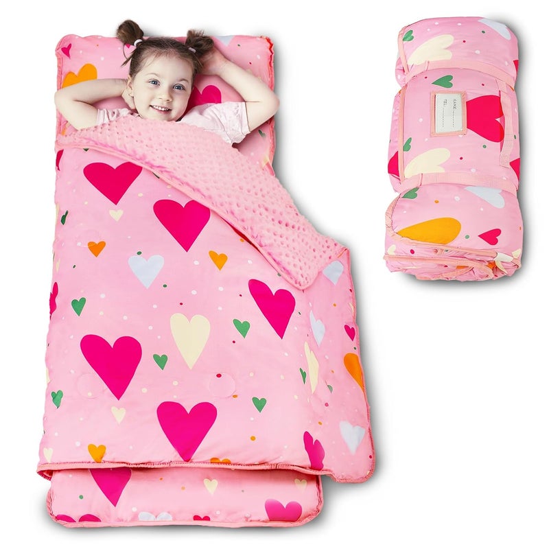 Beavtaens Toddler Nap Mat with Pillow and Minky Blanket Large 55x35 Sleeping Bag Washable Lightweight Easy to Roll Perfect for Preschool Daycare Kindergarten Travel Boys and GirlsHearts - Image 1