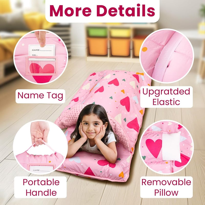 Beavtaens Toddler Nap Mat with Pillow and Minky Blanket Large 55x35 Sleeping Bag Washable Lightweight Easy to Roll Perfect for Preschool Daycare Kindergarten Travel Boys and GirlsHearts - Image 5