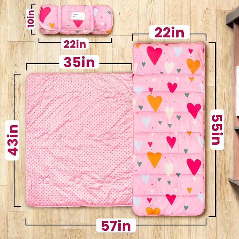 Beavtaens Toddler Nap Mat with Pillow and Minky Blanket Large 55x35 Sleeping Bag Washable Lightweight Easy to Roll Perfect for Preschool Daycare Kindergarten Travel Boys and GirlsHearts - Image 2