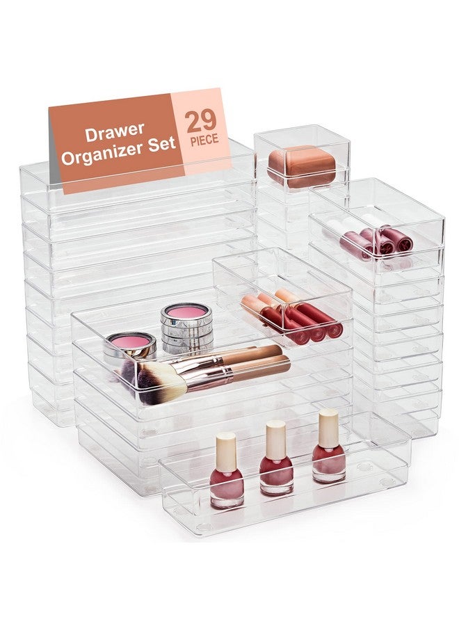 SMARTAKE SMARTAKE 29-Piece Drawer Organizer with Non-Slip Silicone Pads, 4-Size Desk Drawer Organizer Trays Storage Tray for Makeup, Jewelries, Utensils in Bedroom Dresser, Office and Kitchen (Clear)  - Image 1
