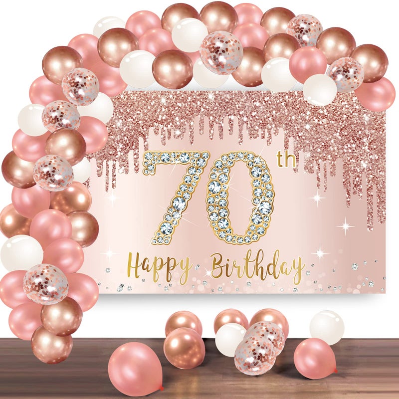 Bumqviy Happy 70th Birthday Banner Backdrop Decorations with Confetti Balloon Garland Arch, Rose Gold 70 Birthday Banner Balloon Set for Women, Pink 70 Year Old Bday Poster Photo Booth Decor - Image 1