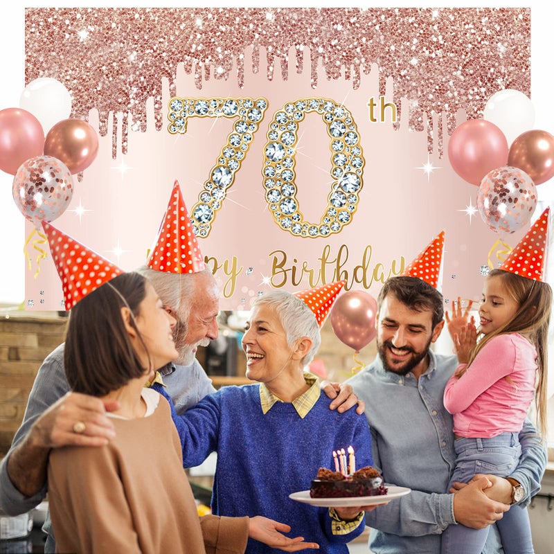 Bumqviy Happy 70th Birthday Banner Backdrop Decorations with Confetti Balloon Garland Arch, Rose Gold 70 Birthday Banner Balloon Set for Women, Pink 70 Year Old Bday Poster Photo Booth Decor - Image 5