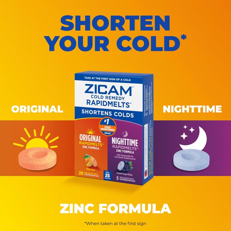 Zicam زكام علاج البرد رابد ميلتس الأصلي وحزمة كومبو رابد ميلتس الليلية علاج زنك البرد للبالغين والأطفال 12 عامًا وأكثر بنكهتي الحمضيات والعنب الكونكورد 25 حبة - Image 3